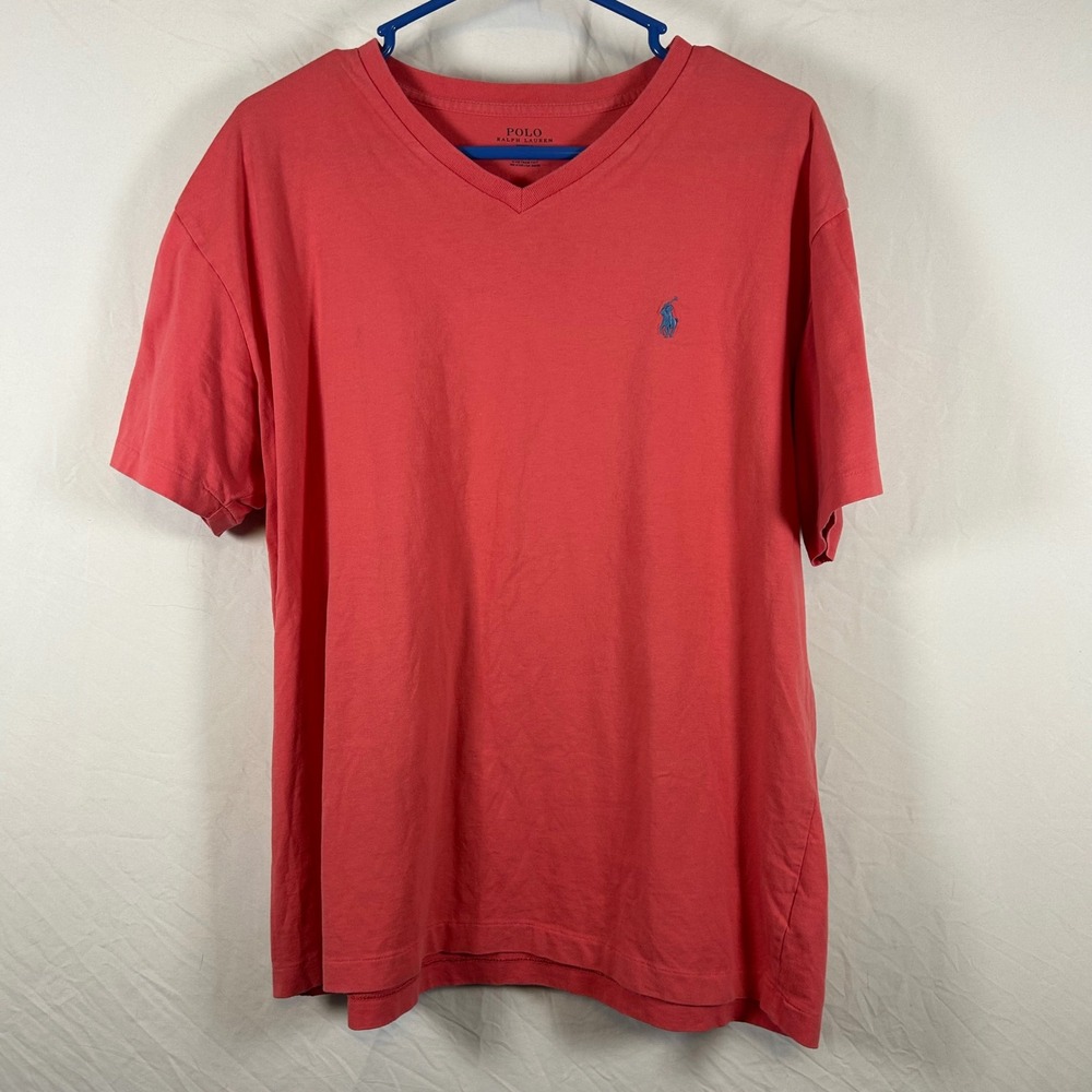 Polo Ralph Lauren Womens V-Neck T-Shirt Coral Pink Blue Pony Logo Size Large